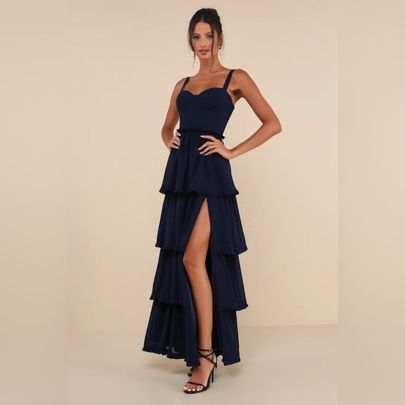 Lulus Sophisticated Occasion Navy Blue Bustier Lace-Up Maxi Dress - Picture 2 of 8